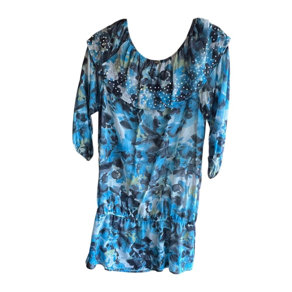 St. John Women's Small Silk Off The Shoulder Cover Up Abstract Dress Tunic Blue